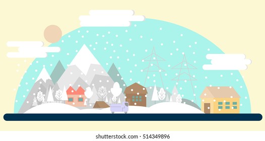 flat winter landscape. Vector illustration. little town in mountains.