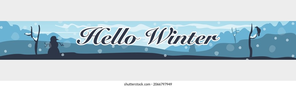 Flat winter landscape. Vector long banner. Background, snow weather. Snowman, raven bird. Bare trees, valley. Falling snow flakes. Web page design. Season banner. Blue palette colour. Hello winter.