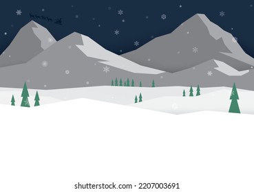 Flat winter night landscape. Simple snowfall and mountains backgrounds at night. Winter season background.