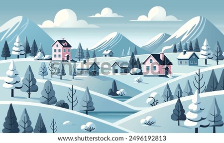Flat winter scene of small village by mountains with snow-covered trees, peaceful and festive.