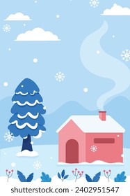 Flat winter season background portrait vector illustration