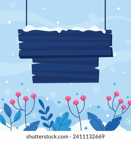 Flat winter season with flower square background with wooden board illustration