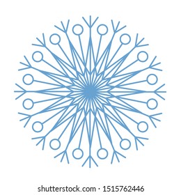 Flat winter snowflake crystal,  frosted cool blue Christmas snow icon, cold xmas season frost snowfall decoration. Vector isolated symbol