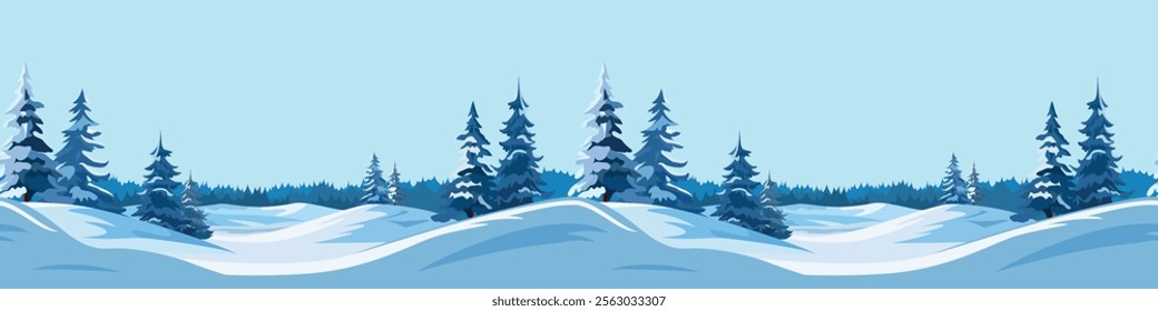 Flat winter snowy landscape seamless banner. Vector illustration. Snowy weather background. Winter season.