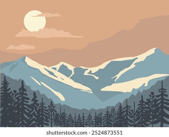 Flat Winter snowy Mountains landscape with pines and hills. Beautiful winter sunset with soft light and beautiful natural views. Vector illustration.