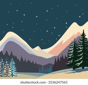Flat Winter snowy Mountains landscape with pines and hills. Beautiful winter sunset with soft light and beautiful natural views. Vector illustration.