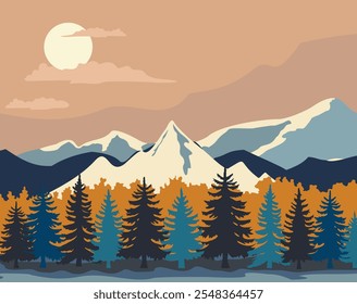 Flat Winter snowy Mountains landscape with pines and hills. Beautiful winter sunset with soft light and beautiful natural views. Vector illustration.