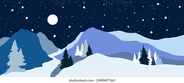 Flat winter vector banner landscape with silhouettes of trees, hills and mountains with falling snow, Christmas scene, panorama, horizon, fir tree, cold weather, Northern