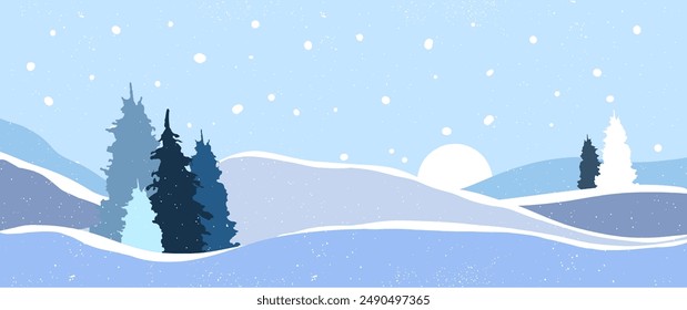 Paisaje de Anuncio de Vector de invierno plano con siluetas de árboles, colinas y montañas con nieve caída, escenario de Navidades, panorama, horizonte, abeto, Clima frío, norte