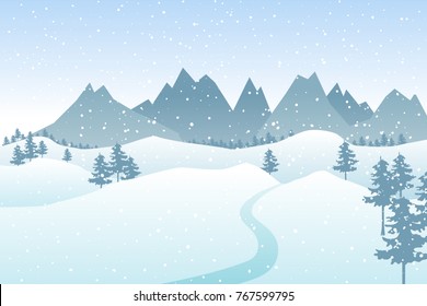 Flat winter vector landscape with silhouettes of trees, hills and mountains with falling snow.