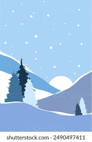 Flat winter vector poster landscape with silhouettes of trees, hills and mountains with falling snow, Christmas scene, panorama, horizon, fir tree, cold weather, Northern