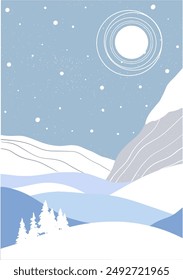 Flat winter vector poster landscape with silhouettes of trees, hills and mountains with falling snow, Christmas scene, panorama, horizon, fir tree, cold weather, Northern