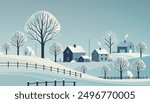  Flat winter village on hillside with snow-covered houses and trees, peaceful and minimal style.
