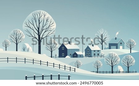  Flat winter village on hillside with snow-covered houses and trees, peaceful and minimal style.