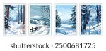 Flat Winter Wonderland Illustration: Snowy Landscape with Snow Drifts and Clear Blue Skies. Perfect for Posters, Covers, Brochures, and Flyers