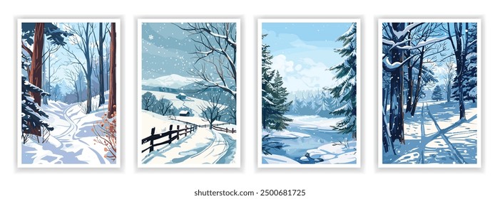 Flat Winter Wonderland Illustration: Snowy Landscape with Snow Drifts and Clear Blue Skies. Perfect for Posters, Covers, Brochures, and Flyers