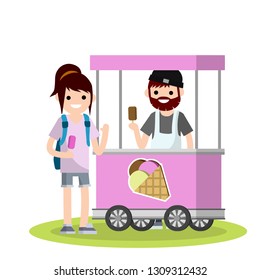 Flat Woman with a backpack buys ice cream in the cart. Buying and selling sweets. Summer small business. The seller of the chocolate cone. Work of students. Cartoon illustration