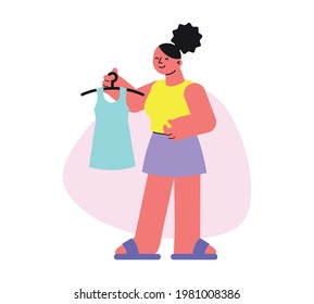 Flat woman character buying summer clothes at shop vector illustration