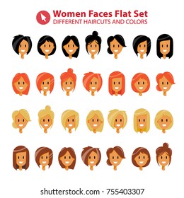 Flat Woman Character Faces with Different Hair Style, Haircut and Colours Vector Set. Art Collection Simple Design Illustration.