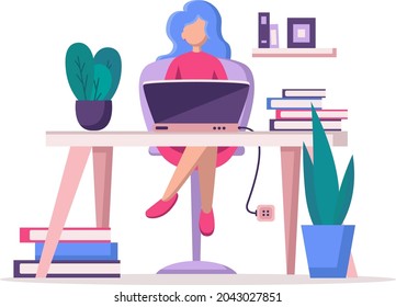 Flat Woman character sitting at the deck with laptop, books and cactus. Flat cartoon vector illustration isolated on white background. Office worker, businesswoman