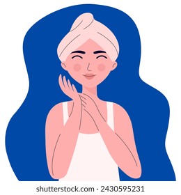 Flat woman character with towel on head and closed eyes vector illustration. 