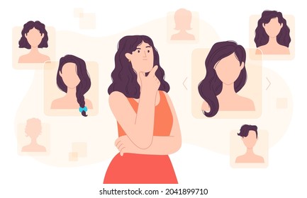 Flat woman choose hair style in digital space. Stylist decision haircut app. Girl hairstyle choice on floating cyber screen vector concept. Online beauty salon with different hairdo