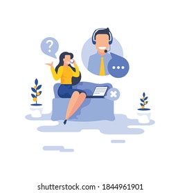 Flat woman communicating with support agent vector illustration. Modern cartoon female character in casual clothes making call and asking question to support agent while sitting on sofa near laptop