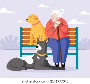 flat woman with cute dogs park illustration