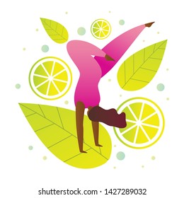 Flat Woman Doing Gymnastics Vector Illustration. Happy Girl in Sportswear Doing Yoga. Poster Colorful Attractive Summer Vacation. Flyer Exciting Health Tour. Woman Background Lemons and Leaves.