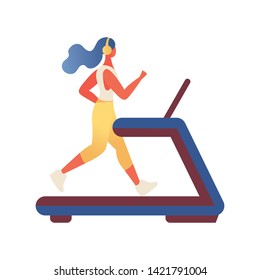 Flat woman drawn with vivid colors in modern style running on the treadmill. Isolated on white sport lifestyle character