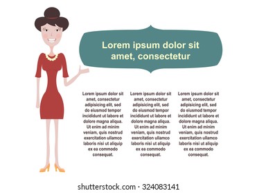 Flat woman in a dress pointing on the information field with the text. 
Blocks with text, text cloud. Flat design
