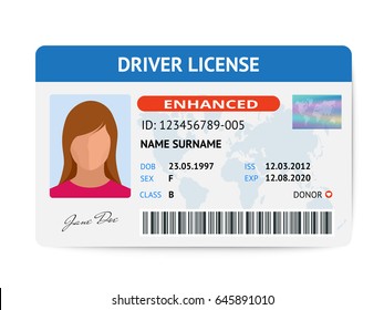 Flat woman driver license plastic card template, id card vector illustration