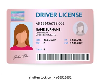 Flat woman driver license plastic card template, id card vector illustration.