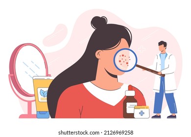 Flat woman face with skin diseases. Rashes, acne or dermatology problems. Dermatologist or cosmetology doctor with magnifier glass examining huge female head with facial dermatitis, redness or pimples