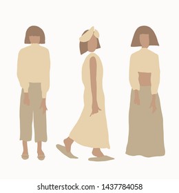 Flat woman figure in summer clothes pastel colors, boho organic natural ethnic style. Woman groups standing together. 