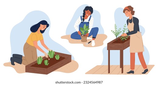 Jardinería de mujer plana. Juego de dibujos animados vectoriales en el jardín, cultivando plantas en las camas y macetas de flores.