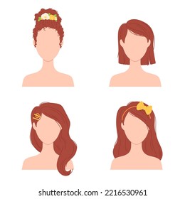 Flat Woman Hairstyles With Flower. Brunette Female Characters With Different Haircuts, Long And Short, Curly And Straight Hair. Romantic Stylish Avatars Isolated On White Vector Illustration