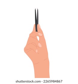 Flat woman hand holding tweezers for brows correction. Professional browmaker tool for salon beauty procedure. Illustration of brow master accessory for tweezing