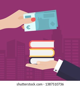 Flat Woman Hand Paying for Books with Euros. Man Hand Giving Her Books on a City background. Vector Illustration