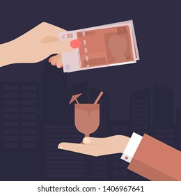 Flat Woman Hand Paying for  Cocktail with Pounds. Man Hand Giving Her Juice Glass on a City background. Vector Illustration