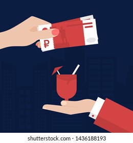 Flat Woman Hand Paying for Cocktail with Rubles. Man Hand Giving Her Cocktail Glass on a City background. Making Payment, Purchase Vector Illustration