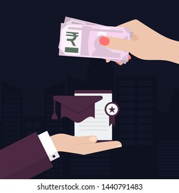 Flat Woman Hand Paying for Education with Rupees. Man Hand Giving Her Graduation Hat and Certificate on a City background. Making Payment, Purchase Vector Illustration