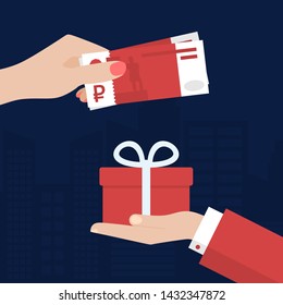 Flat Woman Hand Paying for Gift Box with Rubles. Man Hand Giving Her Gift Box on a City background. Making Payment, Purchase Vector Illustration