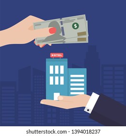 Flat Woman Hand Paying for Hotel with Dollars. Man Hand Giving Her Hotel Apartment on a City background. Vector Illustration