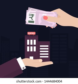 Flat Woman Hand Paying for Hotel with Rupees. Man Hand Giving Her Hotel Apartment on a City background. Making Payment, Purchase Vector Illustration