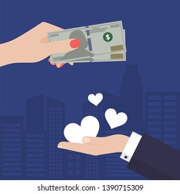 Flat Woman Hand Paying for Love with Dollars. Man Hand Giving Her Hearts on a City background. Vector Illustration