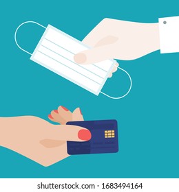 Flat Woman Hand Paying for Medical Mask with Credit Card. Doctor Hand Giving Her Mask to Protect. Making Payment, Purchasing Mask Vector Illustration