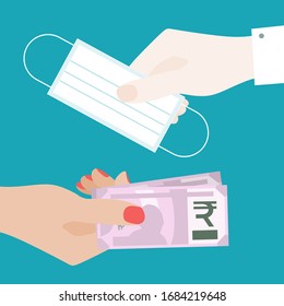 Flat Woman Hand Paying for Medical Mask with Indian rupees. Doctor Hand Giving Her Mask to Protect. Making Payment, Purchasing Mask Vector Illustration