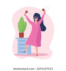 Flat woman having fun using virtual reality glasses vector illustration