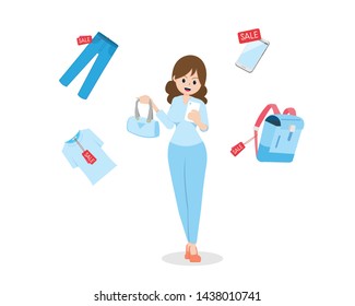 Flat Woman are holding Hand Bag and Shopping online by Smart Phone.Sale Item Bag Shirt Pant And Smartphone.
